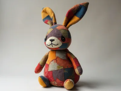 Patchwork Stuffed Rabbit Toy Sitting On White Background