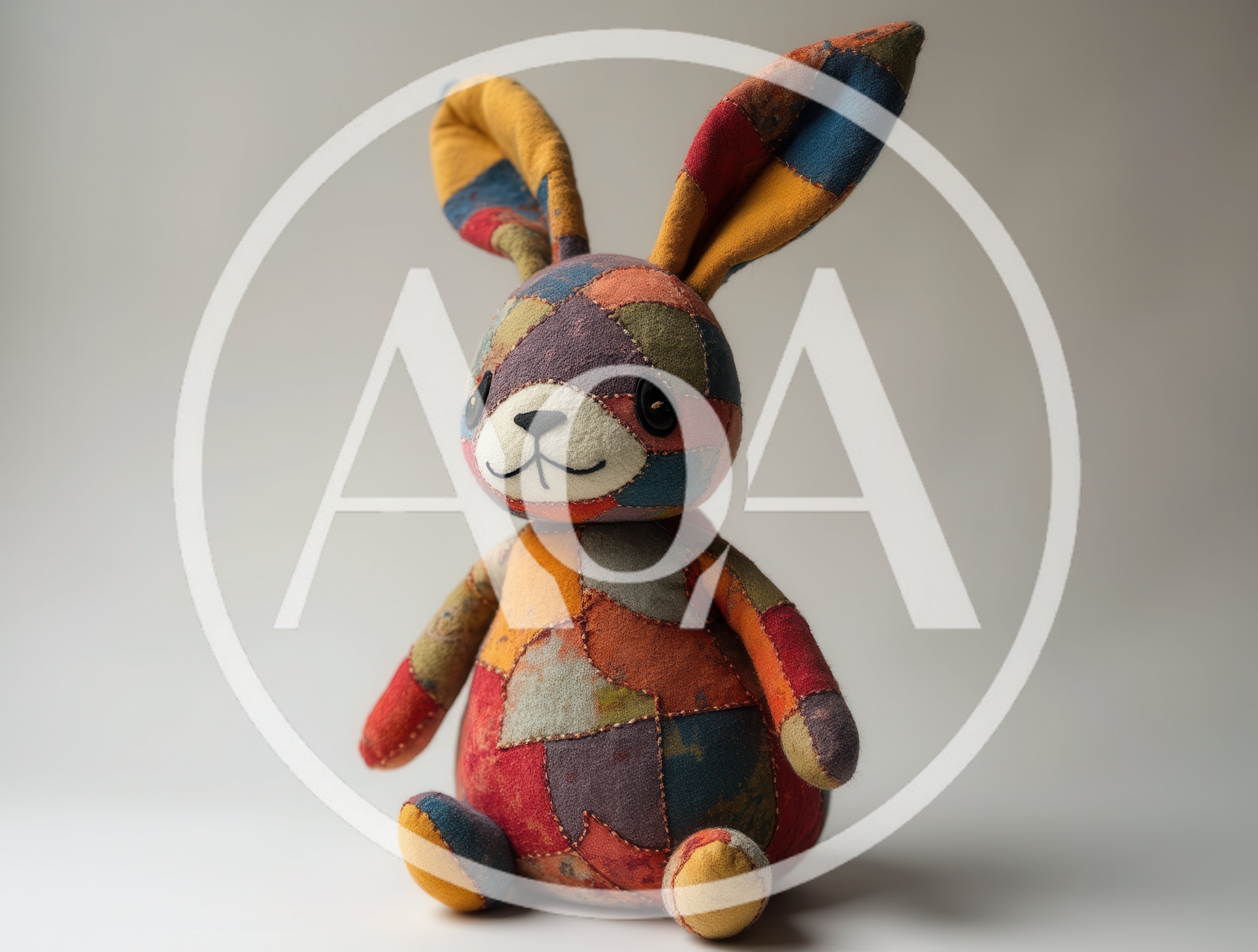 Patchwork Stuffed Rabbit Toy Sitting On White Background