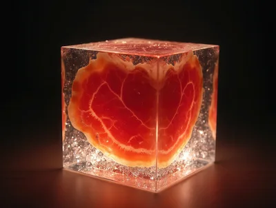 Raw Meat Slice Suspended Inside A Transparent Resin Cube