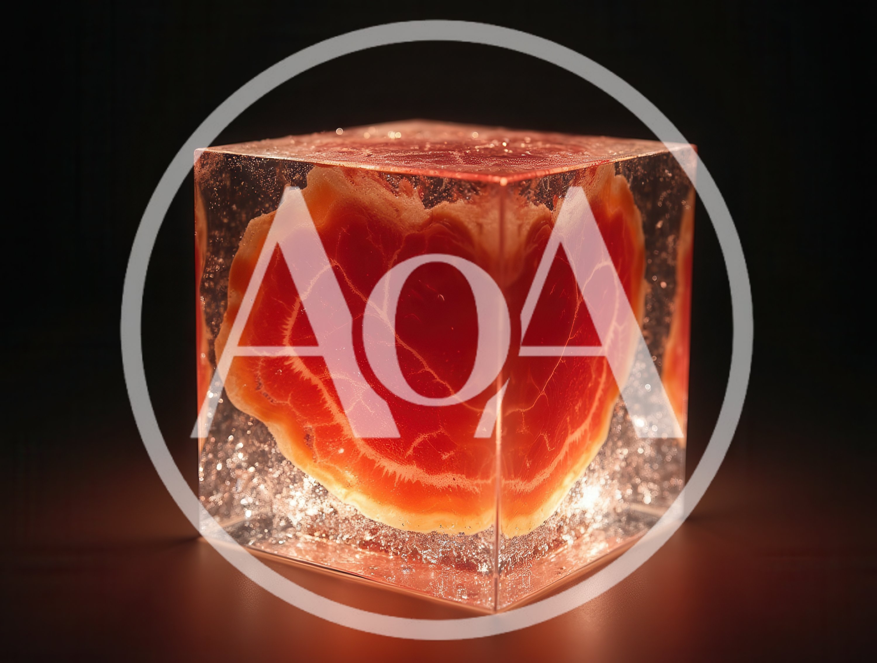Raw Meat Slice Suspended Inside A Transparent Resin Cube