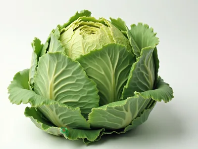 Fresh Green Cabbage Head on White Background