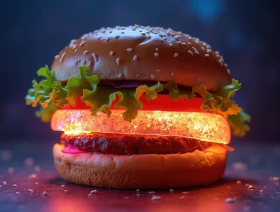 Glowing Neon Burger With Vibrant Light Effects
