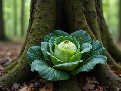 Fresh Green Cabbage Growing At Base Of Forest Tree