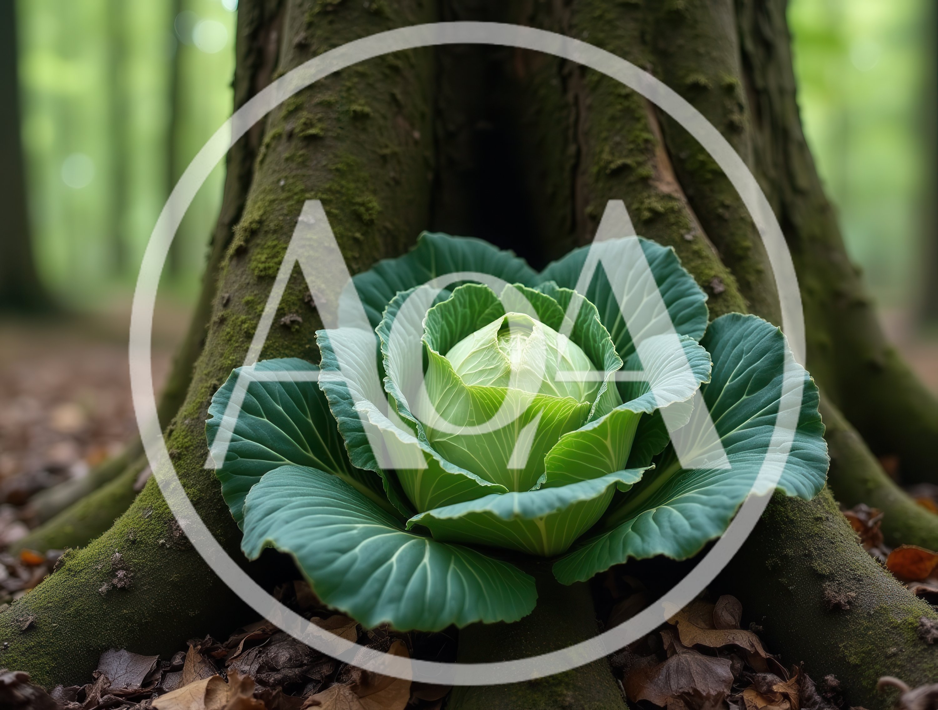 Fresh Green Cabbage Growing At Base Of Forest Tree