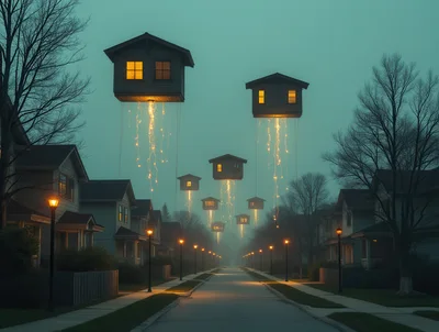 Surreal Floating Houses Above A Suburban Street At Twilight
