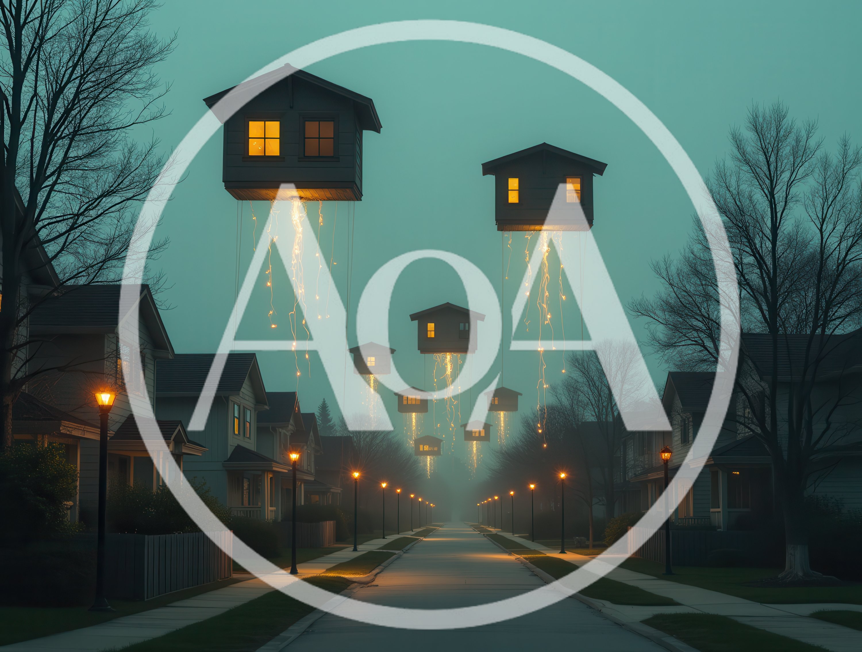 Surreal Floating Houses Above A Suburban Street At Twilight