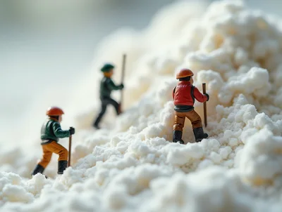 Miniature Figurines Hiking On A Snowy Mountain Landscape