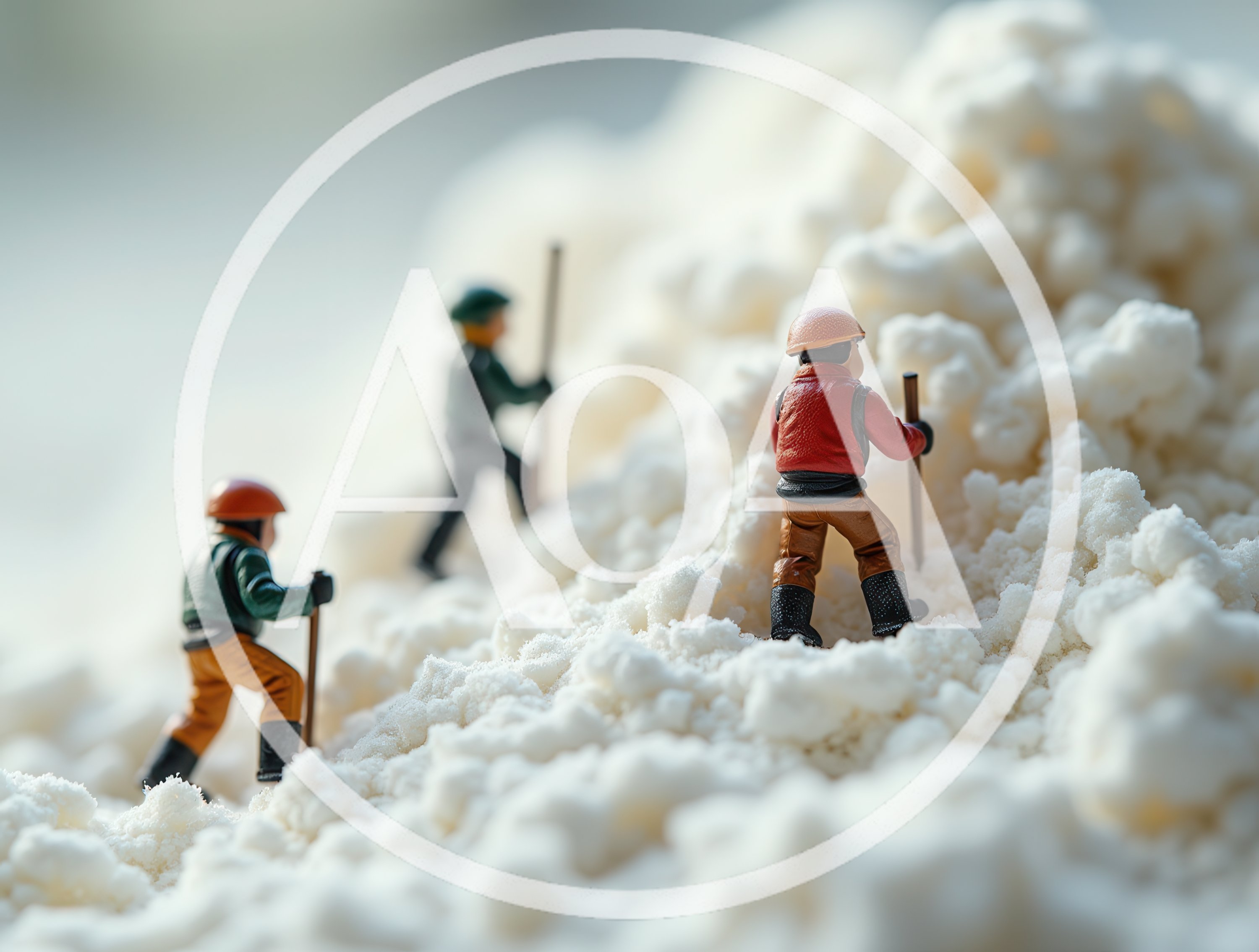 Miniature Figurines Hiking On A Snowy Mountain Landscape