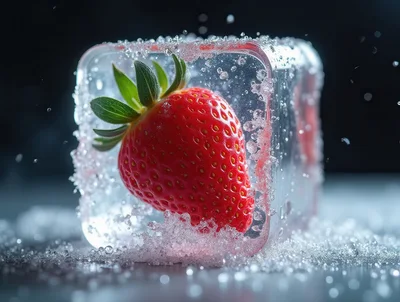 Fresh Strawberry Encased Inside A Clear Ice Cube