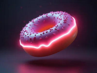 Neon Glowing Pink Donut Floating In Dark Space