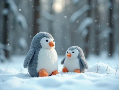 Two Plush Penguin Toys Sitting In Snowy Forest