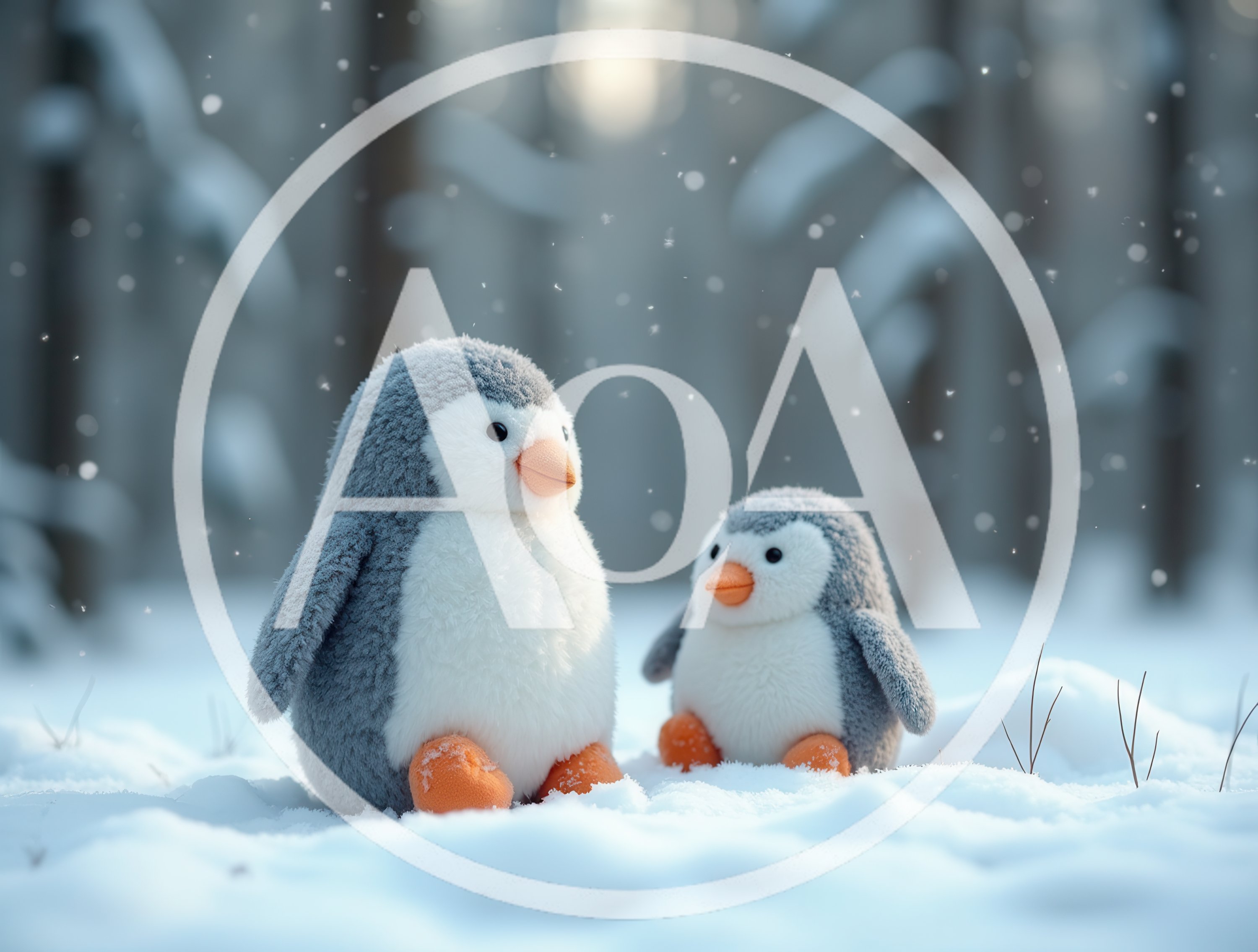 Two Plush Penguin Toys Sitting In Snowy Forest