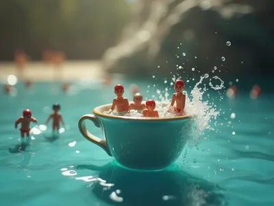 Miniature Swimmers Playing In A Floating Teacup