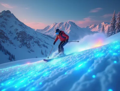 Skier Carving Down Snowy Mountain With Glowing Magical Trails