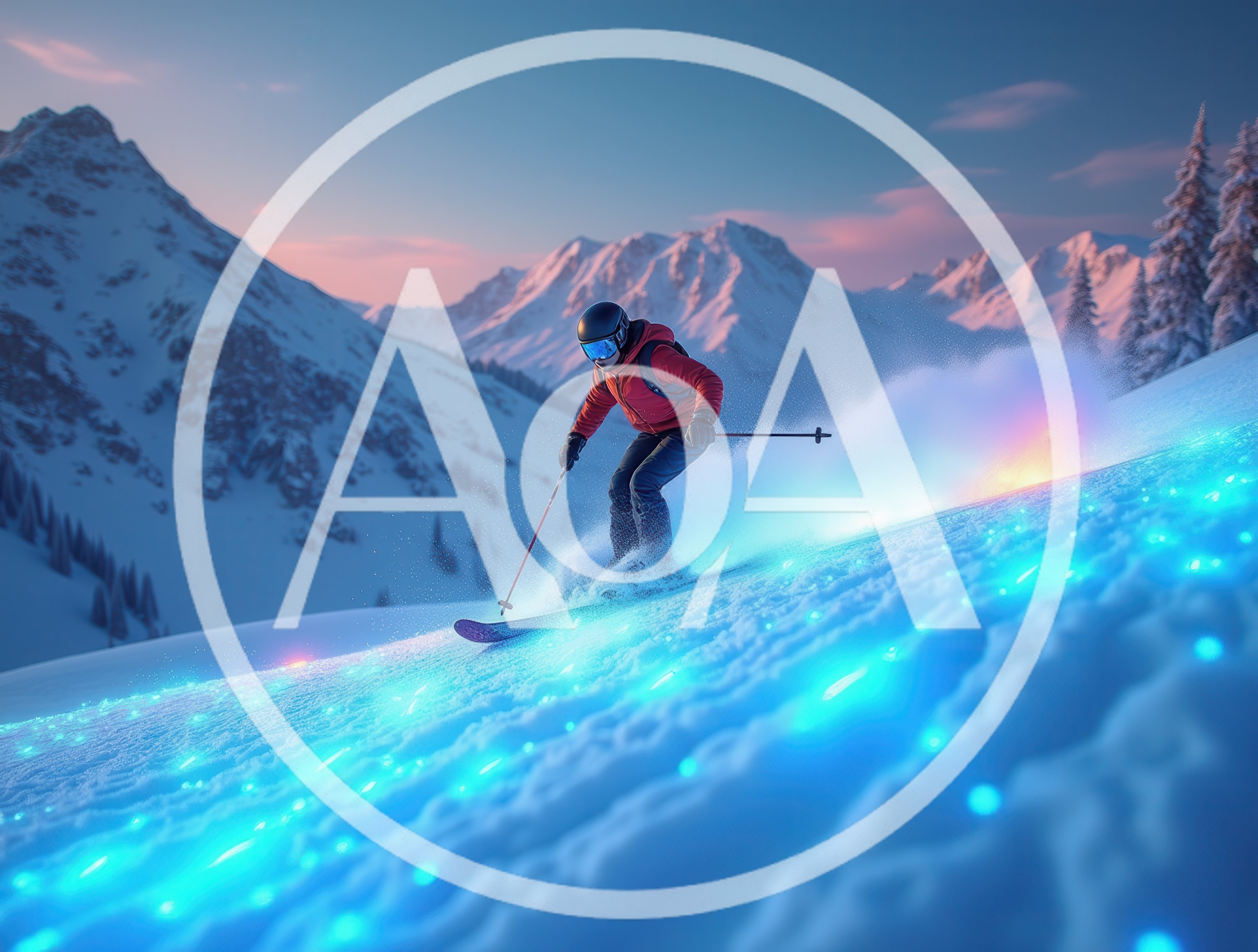 Skier Carving Down Snowy Mountain With Glowing Magical Trails