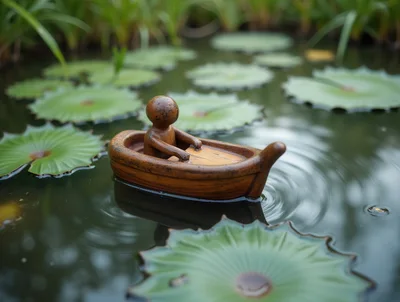 Small Wooden Figurine Rowing A Miniature Boat