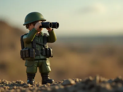 Toy Soldier Using Binoculars In Desert Landscape