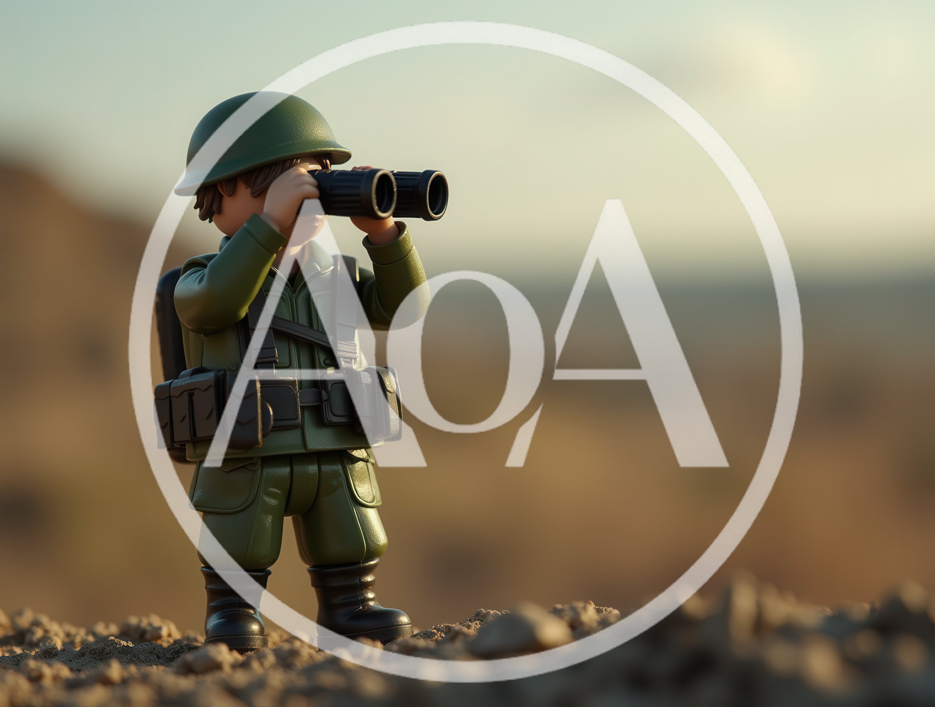 Toy Soldier Using Binoculars In Desert Landscape