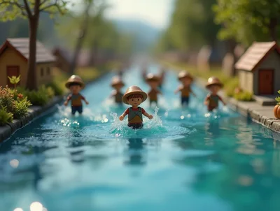 Miniature Toy Figures Playing In A Water Canal