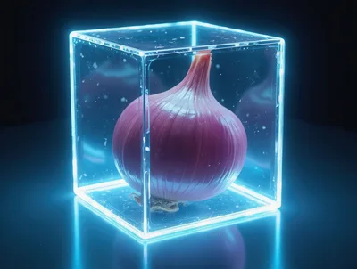 Red Onion Encased Inside A Glowing Neon Cube