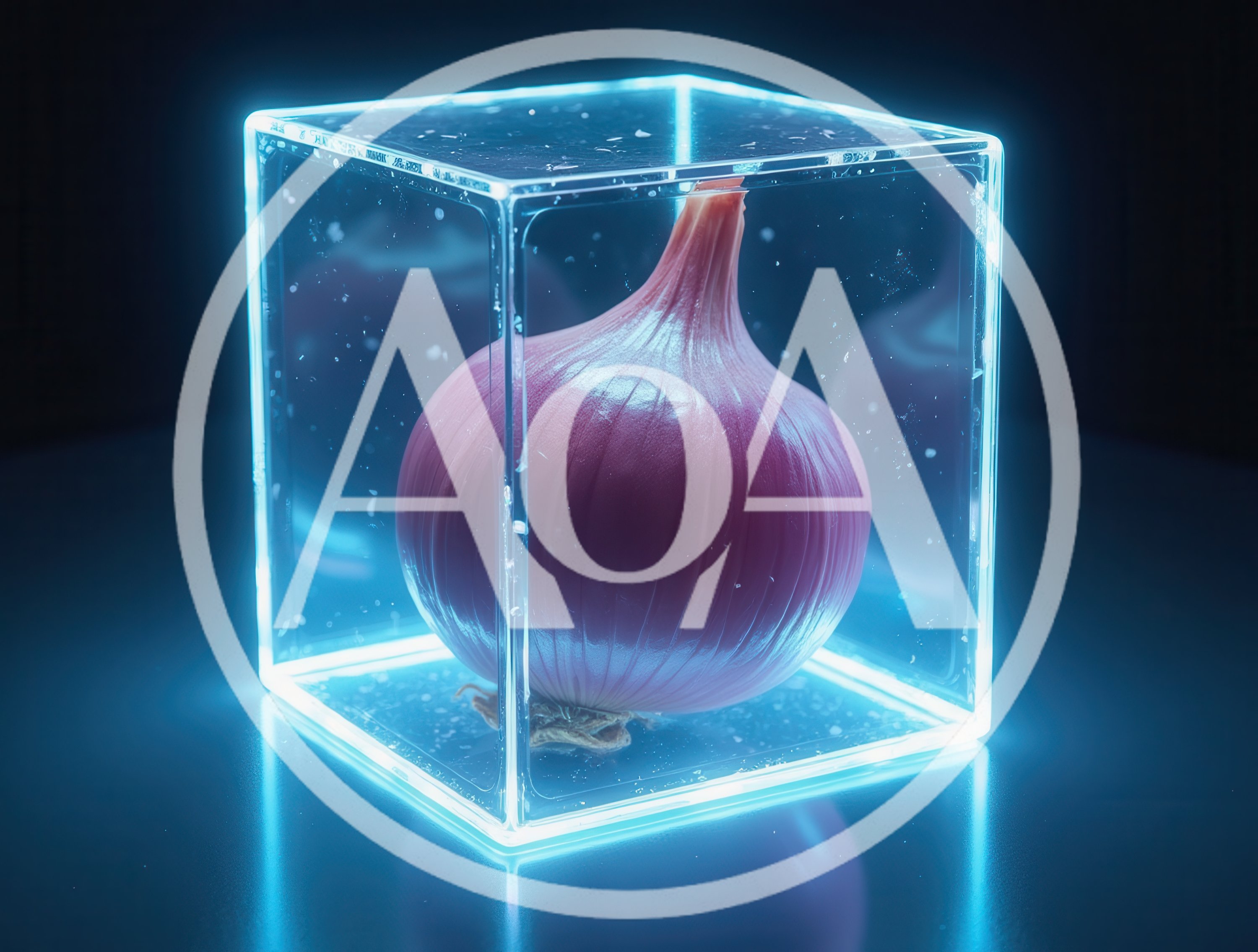 Red Onion Encased Inside A Glowing Neon Cube