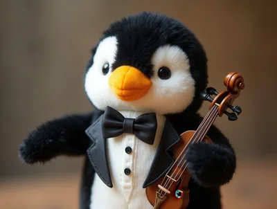 Plush Penguin Wearing A Tuxedo Playing A Violin