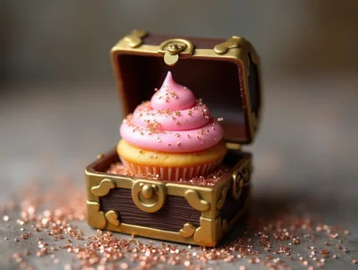 Pink Frosted Cupcake Inside A Miniature Treasure Chest
