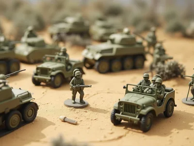 Miniature Toy Soldiers and Military Vehicles in Desert Diorama