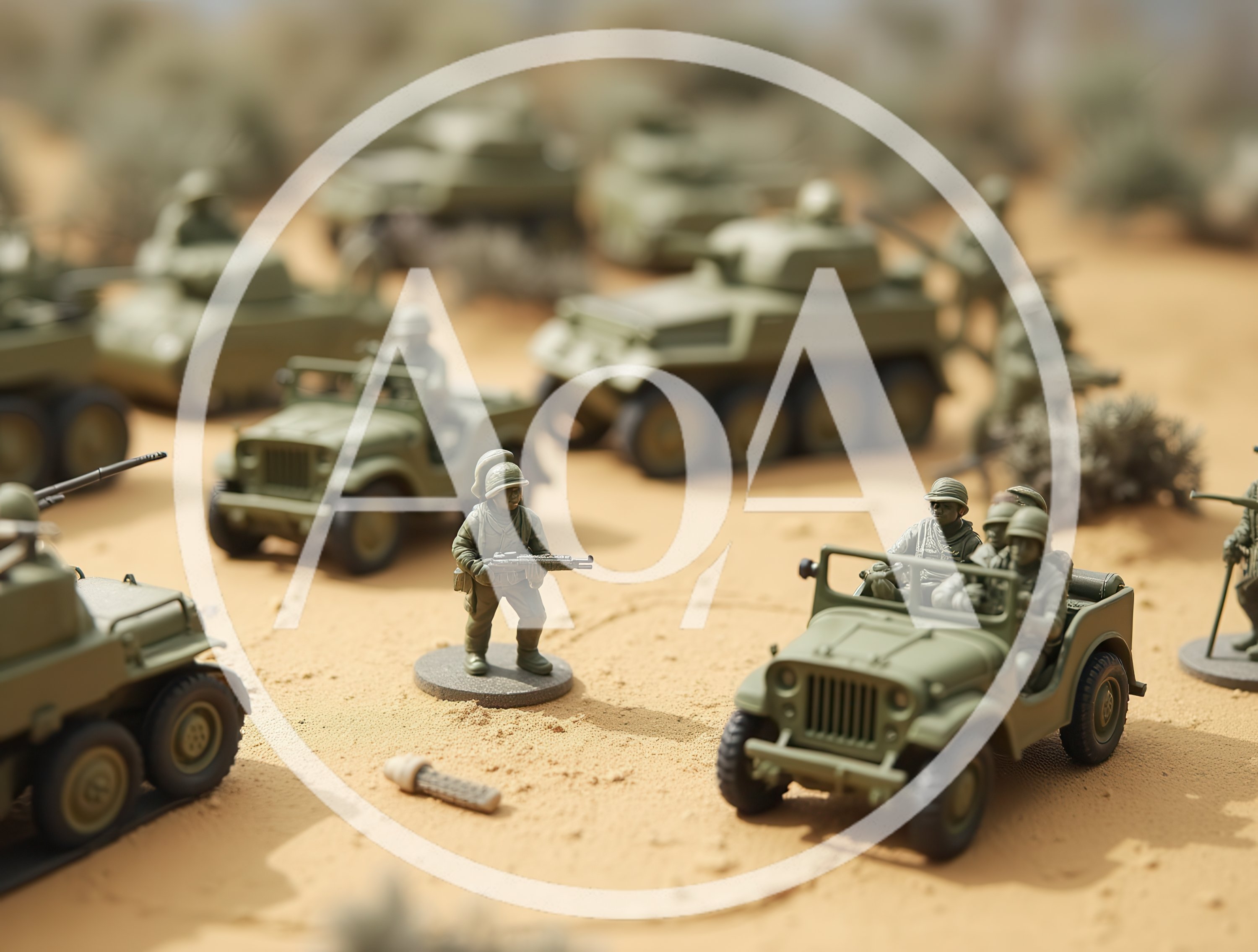 Miniature Toy Soldiers and Military Vehicles in Desert Diorama