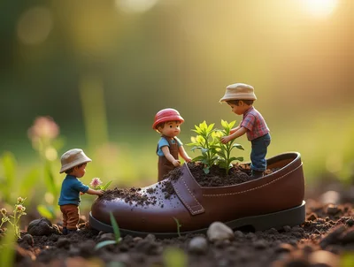 Miniature Children Gardening Inside A Leather Shoe