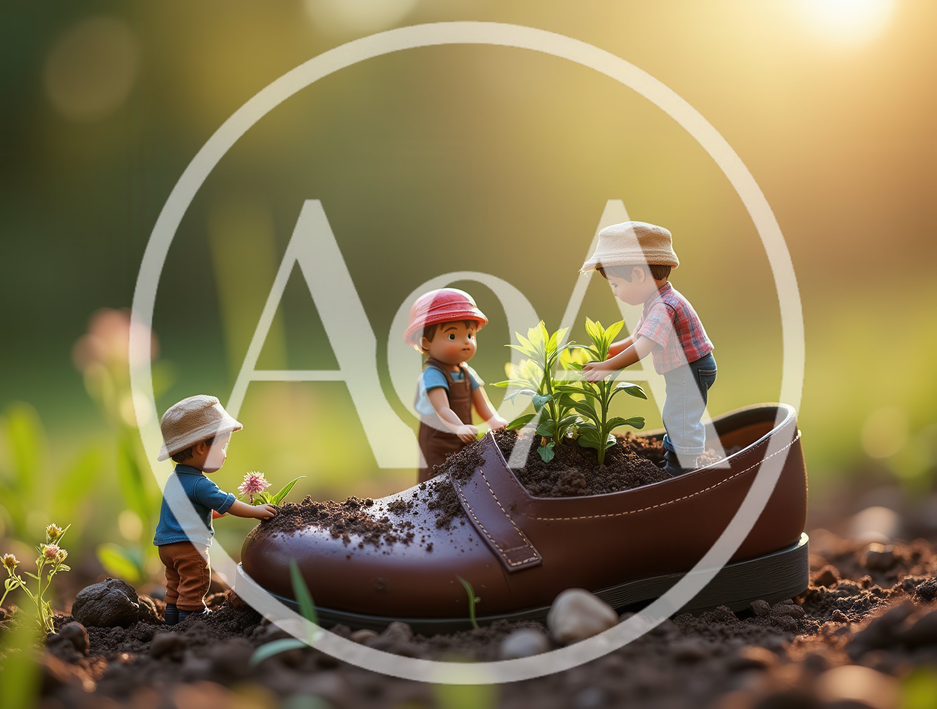 Miniature Children Gardening Inside A Leather Shoe