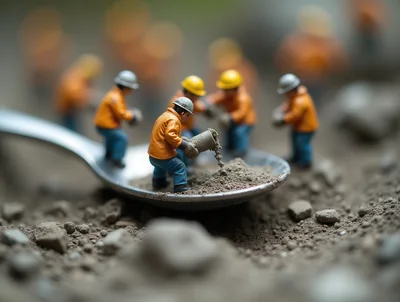 Miniature Construction Workers Digging On A Metal Spoon