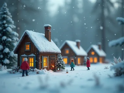 Miniature Winter Village Scene With Tiny Houses And People