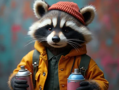 Anthropomorphic Raccoon Artist Holding Spray Paint Cans