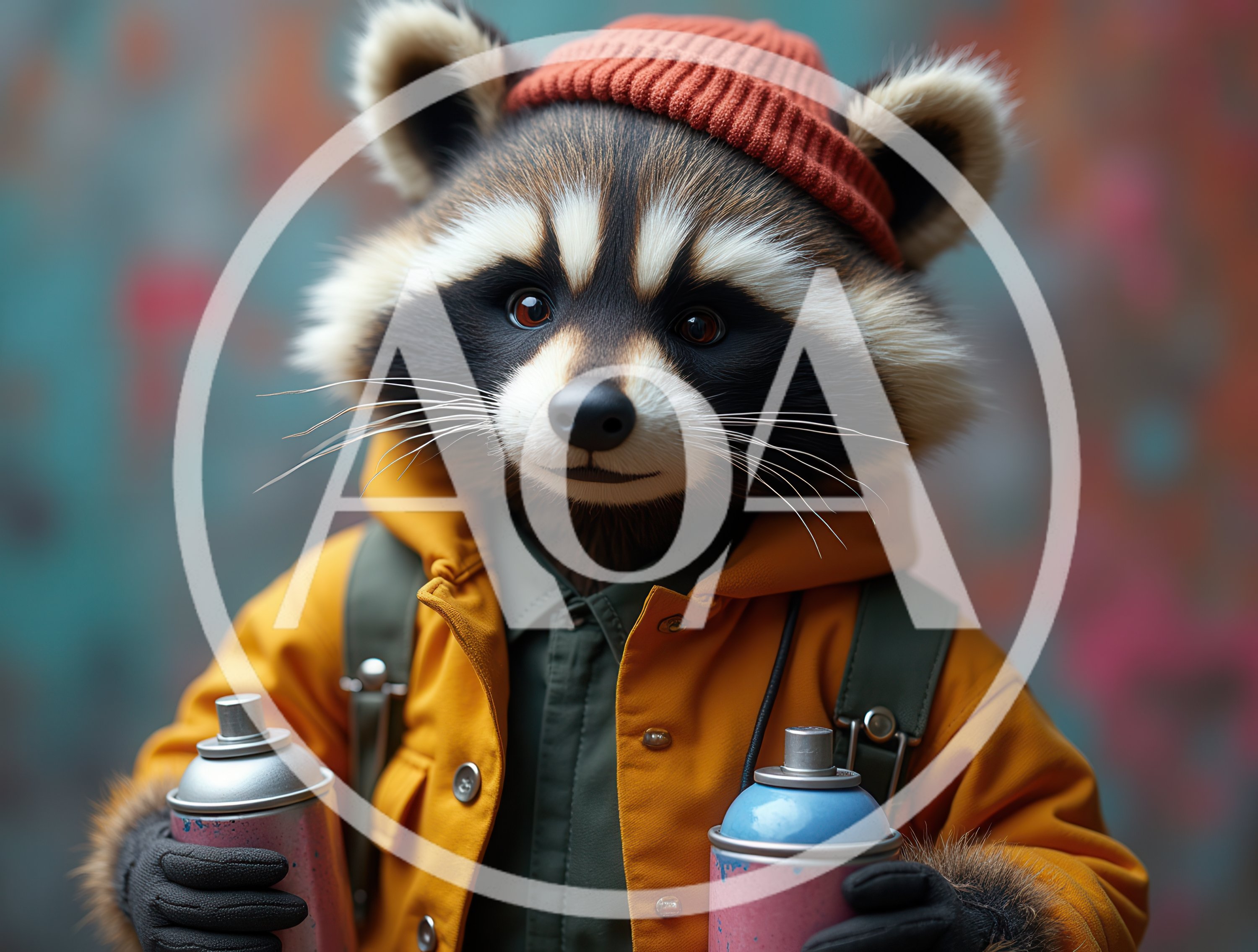 Anthropomorphic Raccoon Artist Holding Spray Paint Cans