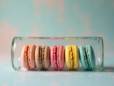 Five Colorful Macarons Inside A Glass Cylinder