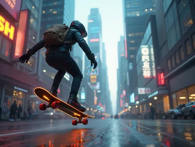 Skateboarder Performing A Trick In A Futuristic City