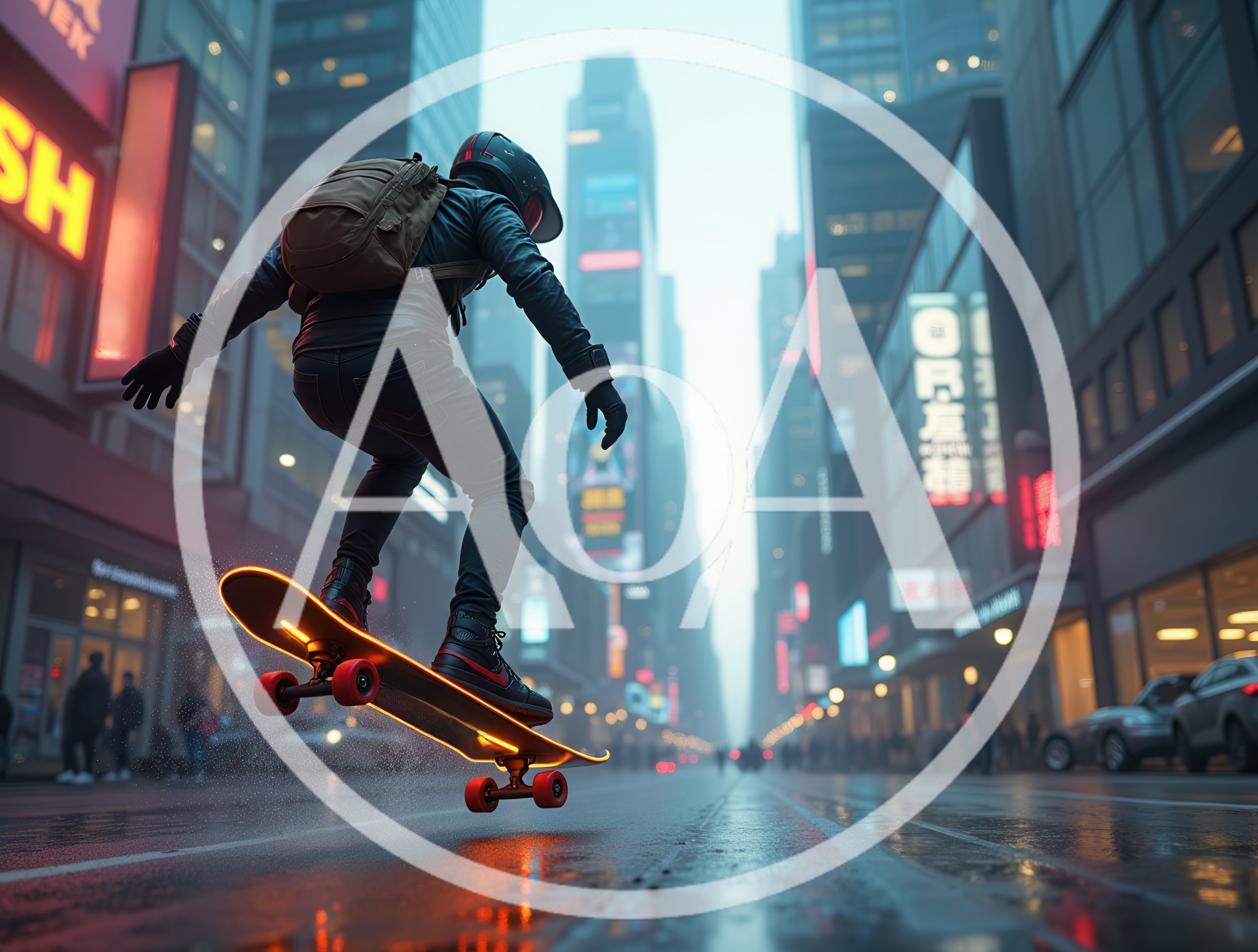 Skateboarder Performing A Trick In A Futuristic City