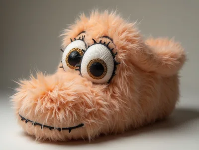 Plush Peach Colored Monster Slipper With Googly Eyes