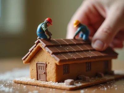 Miniature Construction Workers Building A Gingerbread House