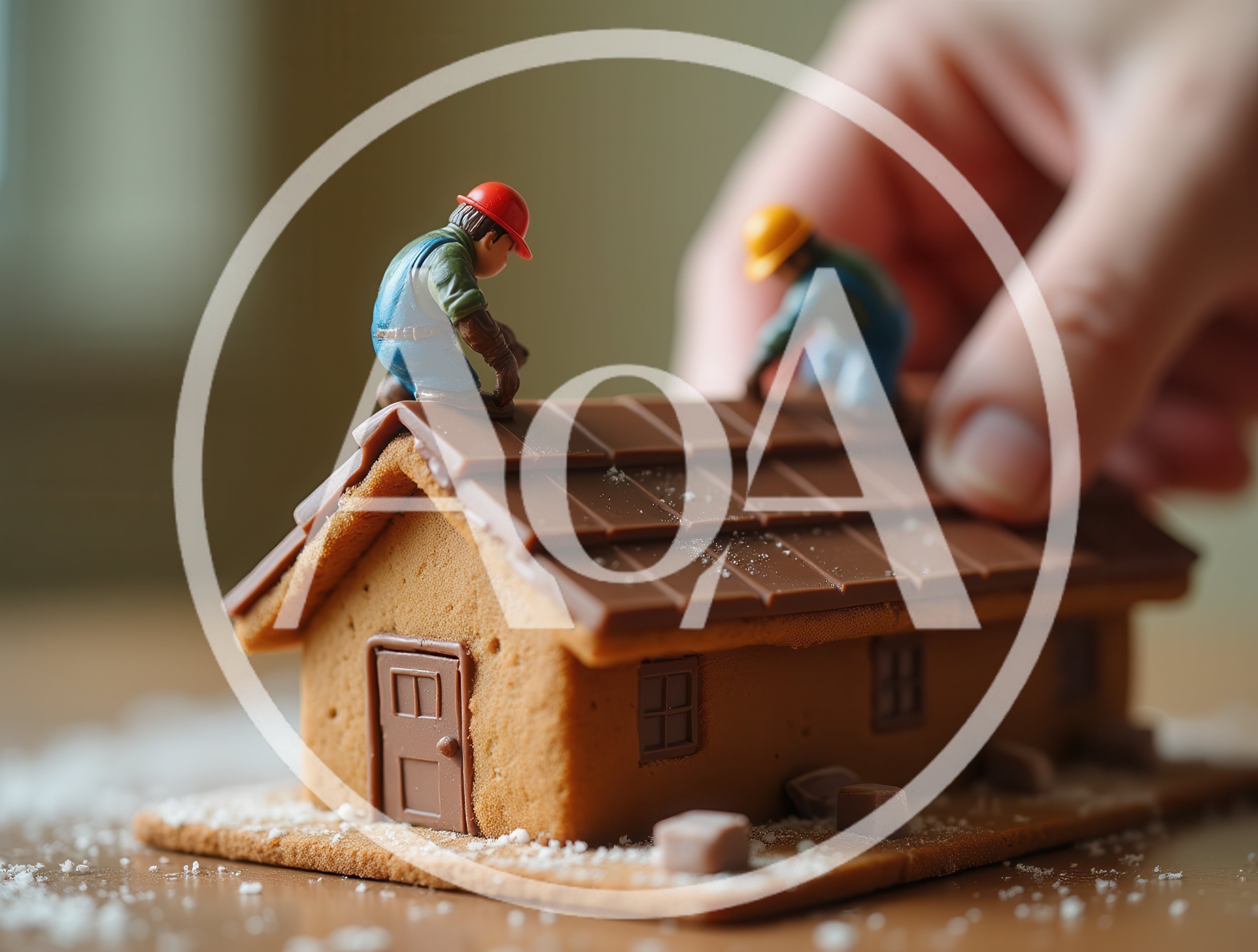 Miniature Construction Workers Building A Gingerbread House
