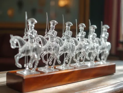 Clear Crystal Cavalry Figurines On Wooden Base