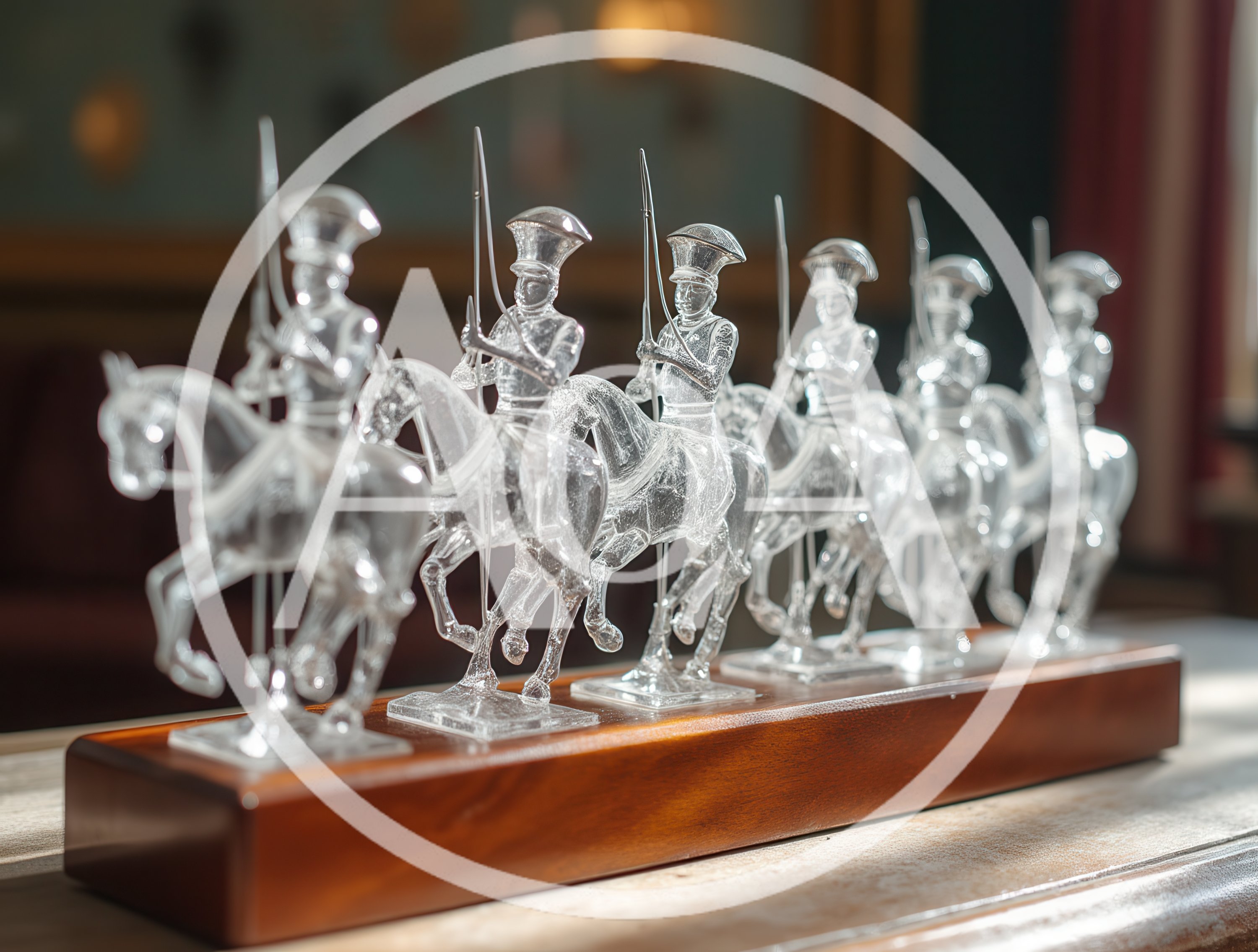Clear Crystal Cavalry Figurines On Wooden Base