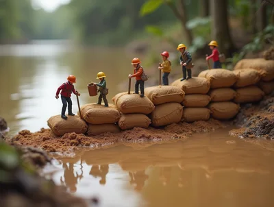 Miniature Figurines Building A Sandbag Flood Barrier