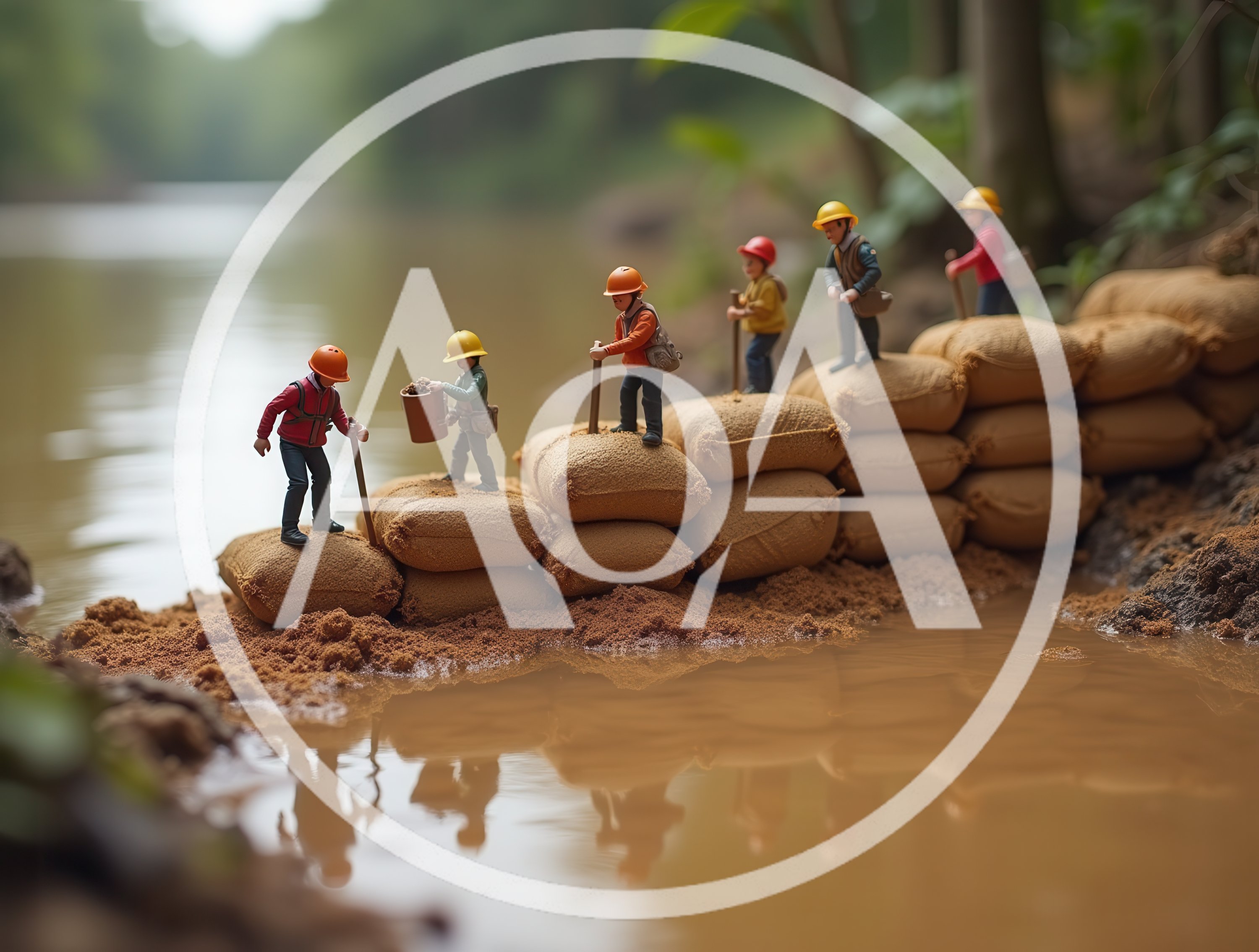 Miniature Figurines Building A Sandbag Flood Barrier