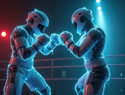 Futuristic Cyborg Boxers Sparring In Neon Ring