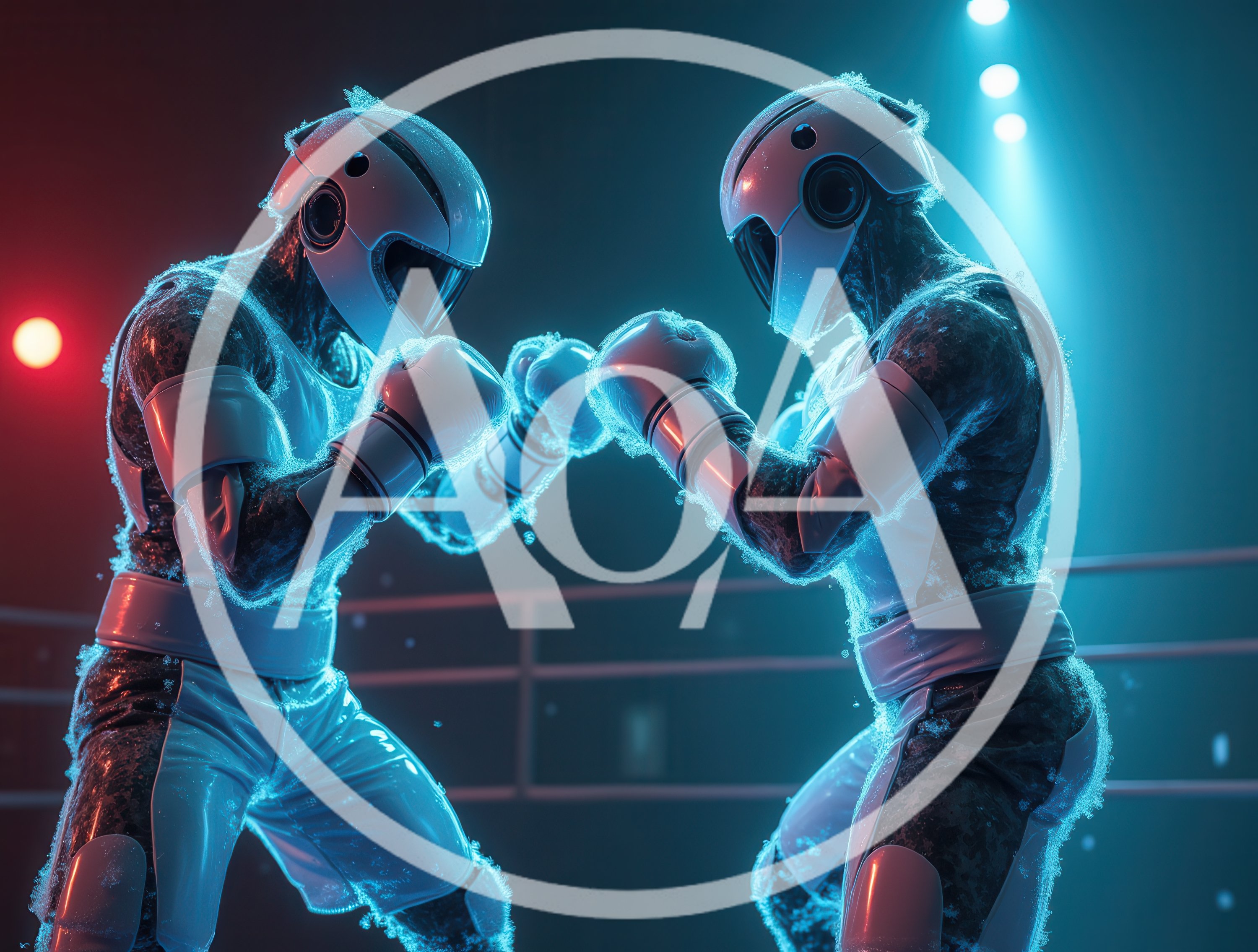 Futuristic Cyborg Boxers Sparring In Neon Ring