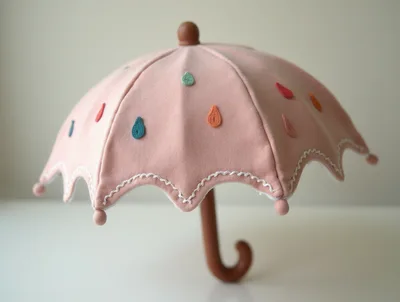 Small Decorative Pink Umbrella With Colorful Raindrop Appliques