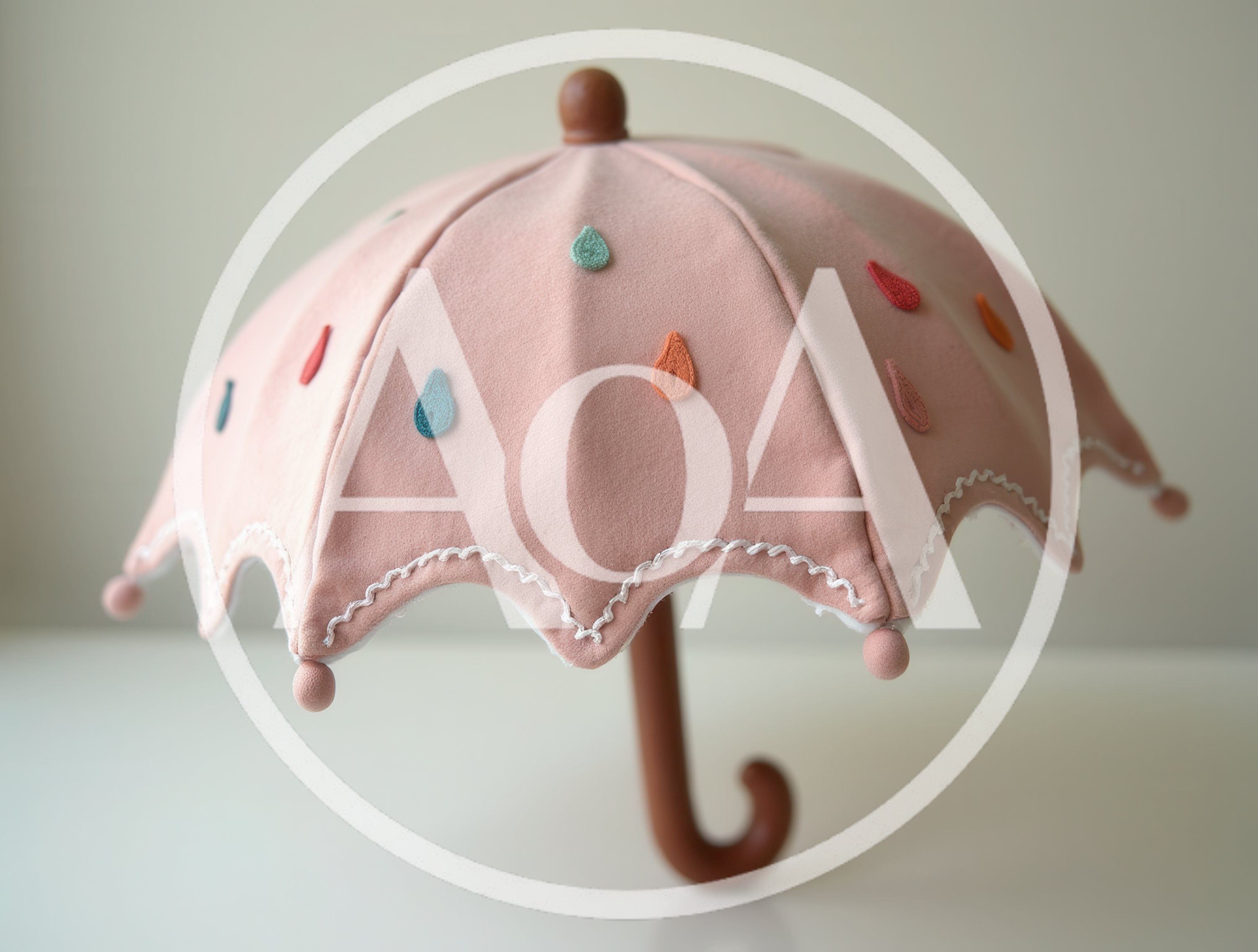 Small Decorative Pink Umbrella With Colorful Raindrop Appliques