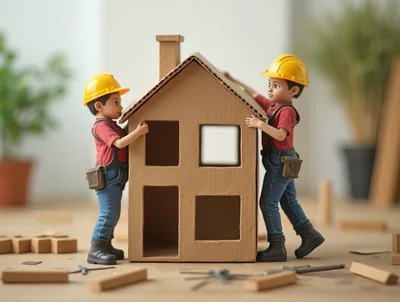 Two Cartoon Construction Workers Building A Cardboard House
